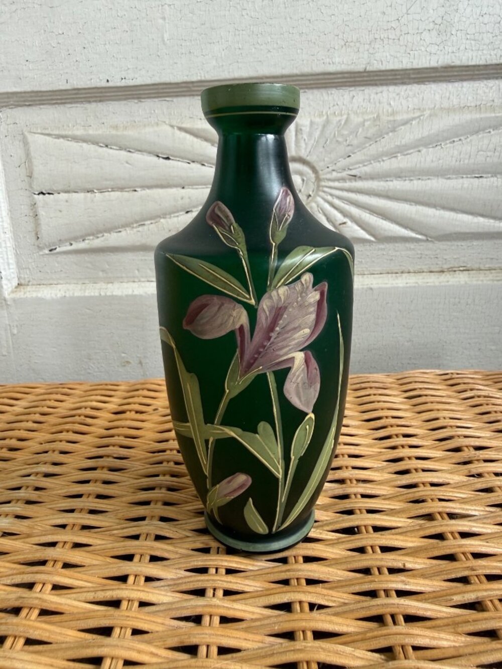 Antique 1910s Carl Goldberg Bohemian Art Nouveau Green Glass Vase Purple Flowers - Picture 6 of 10